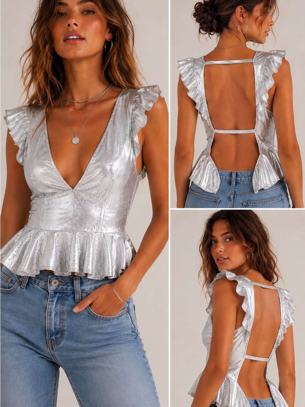 Free People Silver Metallic Ruffle Peplum Tank Top Open Back Size Small